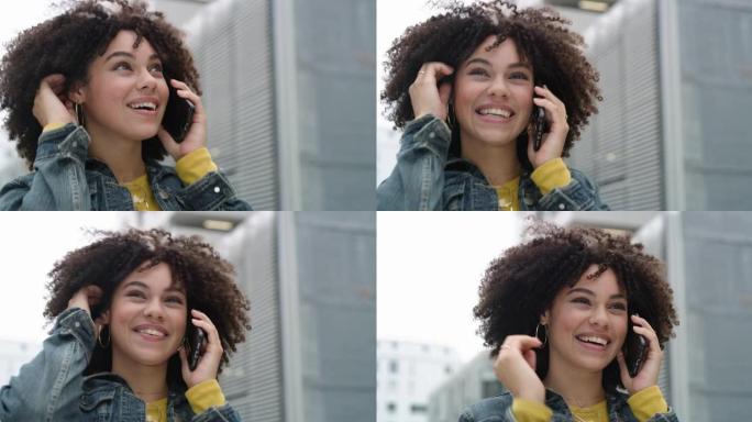 4k视频片段，一名年轻女子在城市外出时用手机聊天