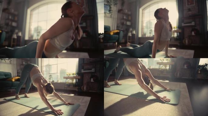 在阳光明媚的公寓里，一个快乐健康的年轻女子在晨练期间做伸展和瑜伽练习的特写肖像。健康的生活方式、健身