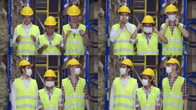 一群戴着口罩在仓库工作的工人