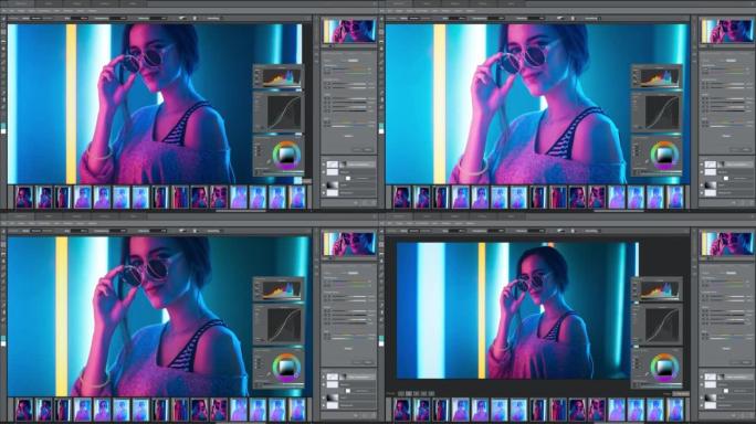 图像编辑软件模拟动画，带有霓虹灯模型的时尚摄影项目。具有多个设置窗口的灰色界面。计算机显示器和笔记本