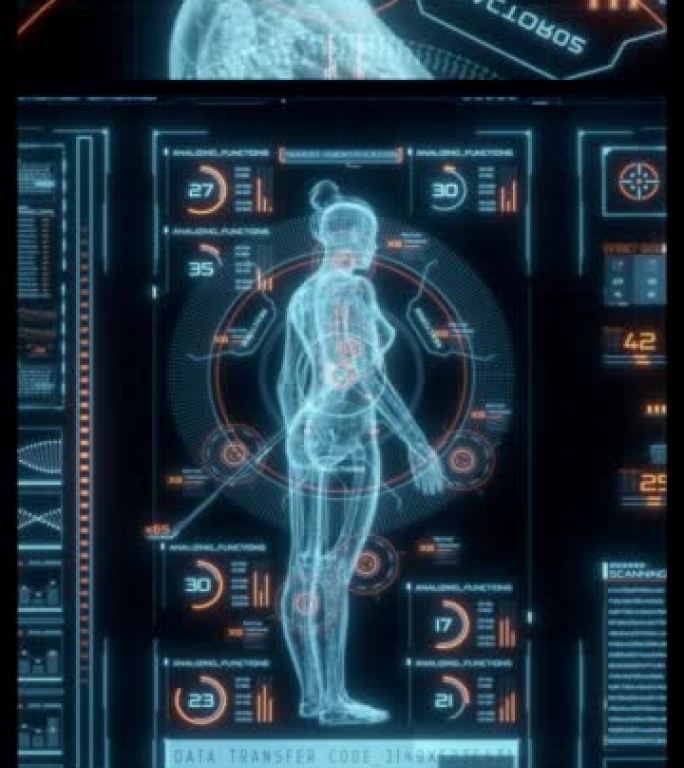HUD屏幕，带有转动的人体和带有身体部位特写的浮动窗口