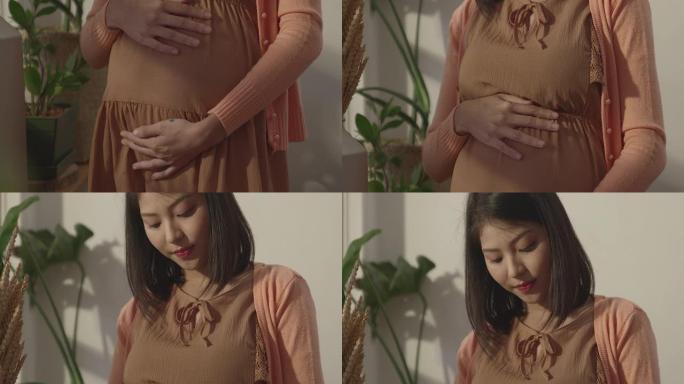 一位怀孕的亚洲妇女高兴地站在窗边抚摸着她的肚子。传达的爱和喜悦，将有婴儿睁开眼睛，看到阳光照在侧面拍