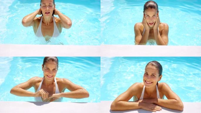 4k视频片段，一个美丽的女人在游泳池旁享受一天