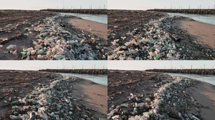 空中特写飞越从河口流入海洋的塑料污染。对海洋和海洋的环境破坏。