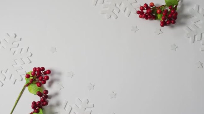 带有红色浆果，雪花图案和白色背景上的复制空间的圣诞节小枝视频