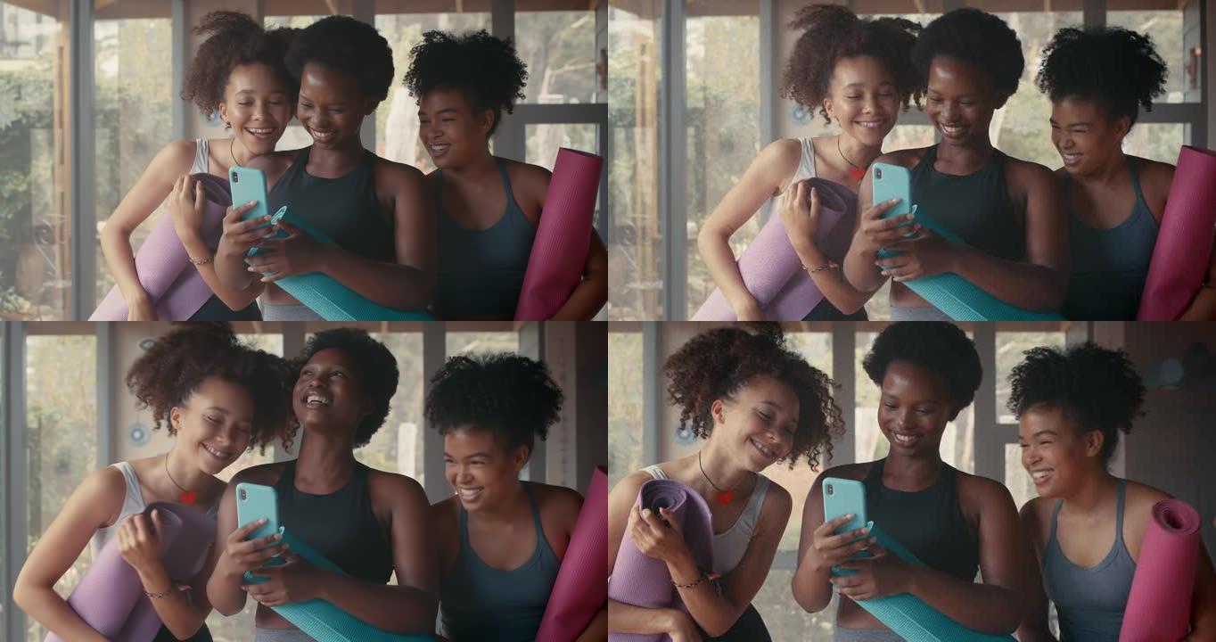 一群年轻女性在瑜伽课上使用智能手机的4k视频片段