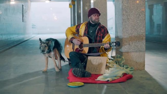 与一个almsman和他的狗弹吉他的地下通道