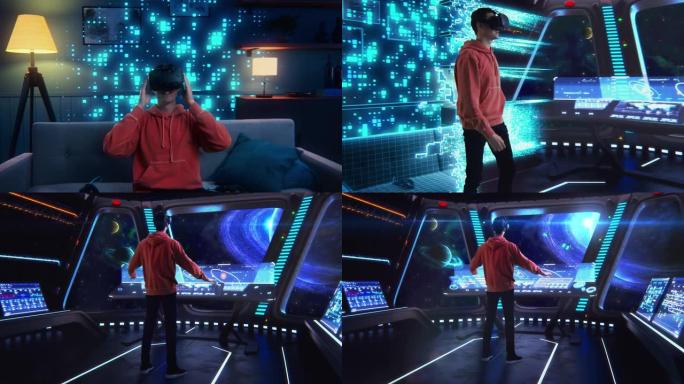 未来派视频游戏概念: 坐在沙发上的玩家戴上虚拟现实耳机并进入增强现实动作，他是太空飞船的船长。宇宙探
