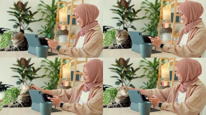一位亚洲穆斯林妇女和她最喜欢的猫坐在家里快乐地工作。