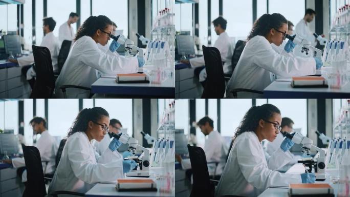 医学科学实验室: 美丽的黑人科学家在显微镜下观察测试样品的分析。多元化的年轻专家团队，使用先进的技术