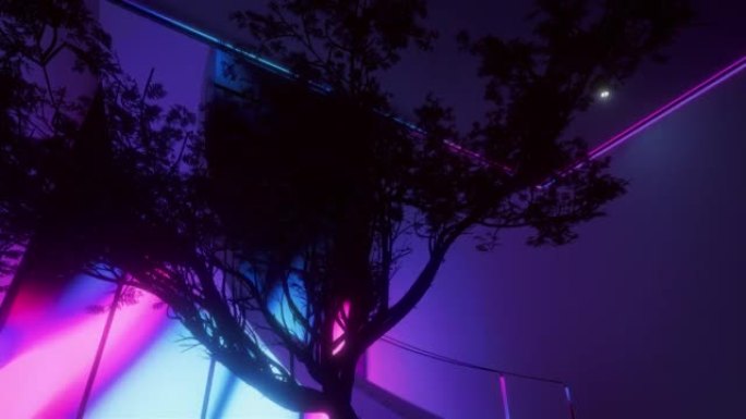 霓虹闪电中带有Washitsu树和球形内部元素的数字生成的内部图像中的移动无人机观点