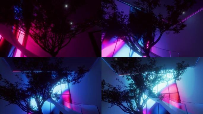 霓虹闪电中带有Washitsu树和球形内部元素的数字生成的内部图像中的移动无人机观点