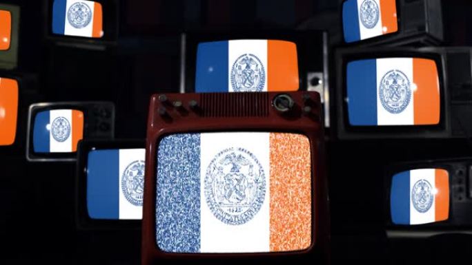 纽约市的旗帜和复古电视。