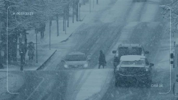 中央电视台在降雪中繁忙的城市穿越