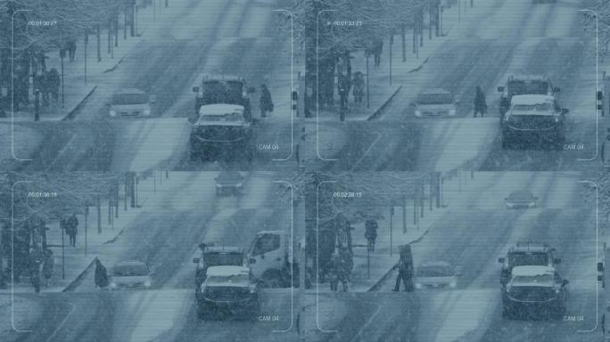 中央电视台在降雪中繁忙的城市穿越
