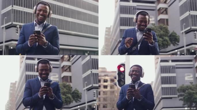 跳舞的商人在城市里用无线耳机在手机上听音乐。微笑、快乐和专业的男性庆祝获得晋升。浏览技术的开朗家伙。