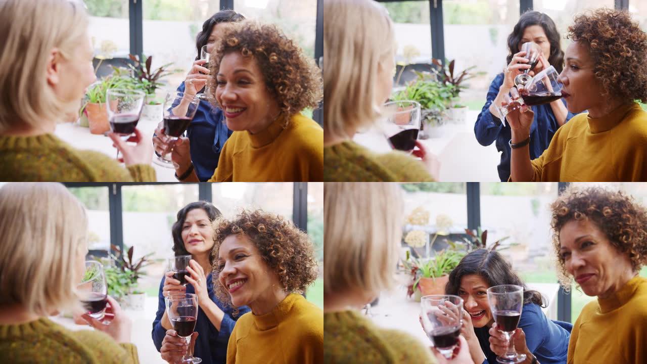 一群成熟的女性朋友在家里见面，一起举酒敬酒-慢镜头拍摄