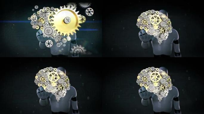 机器人触屏，钢金色齿轮使人脑成形。人类人工智能。4k动画。
