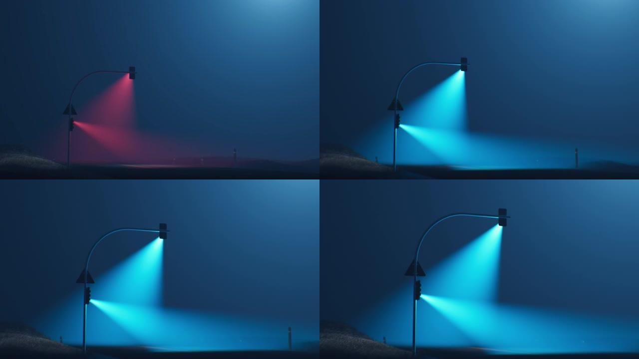 在雾蒙蒙的郊区，电线杆上的交通信号灯将颜色从红色变为蓝色，而相机拍摄则将其放大