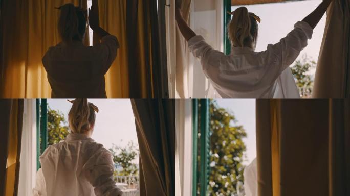 SLO MO女人打开窗帘，走在她度假别墅的阳台上