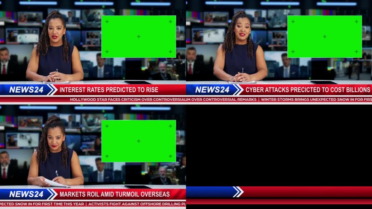 分屏电视新闻直播报导: 主播谈话、报导。报告文学蒙太奇，图片在绿色屏幕上。并排色度键显示。电视节目频