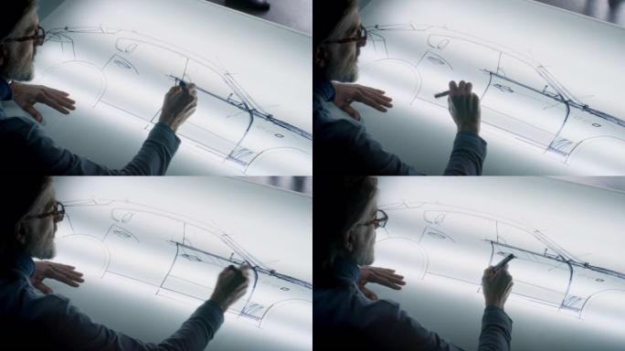 高级设计师在光桌上绘制汽车草图