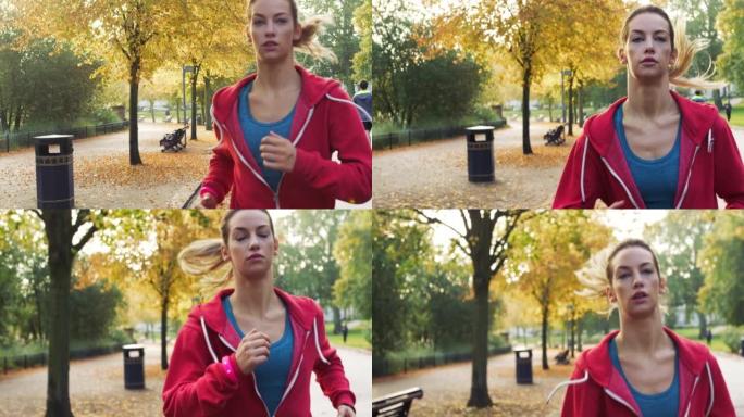 一名女子在公园慢跑的4k录像