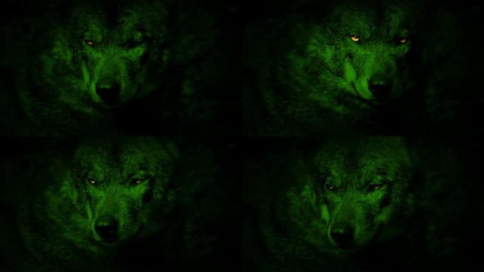 狼用黄色的眼睛咆哮着绿色