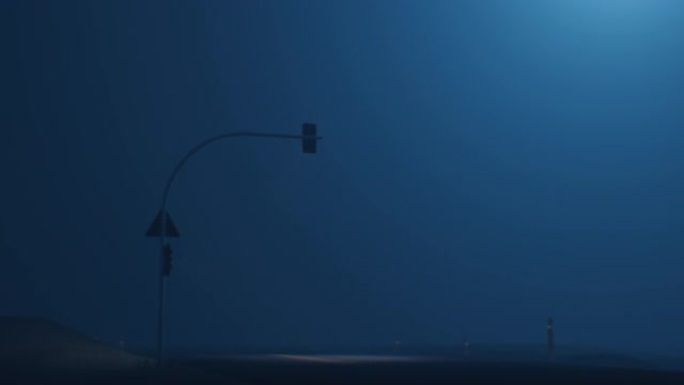 在黑暗的雾天中，带有神秘光束的电线杆上的交通信号