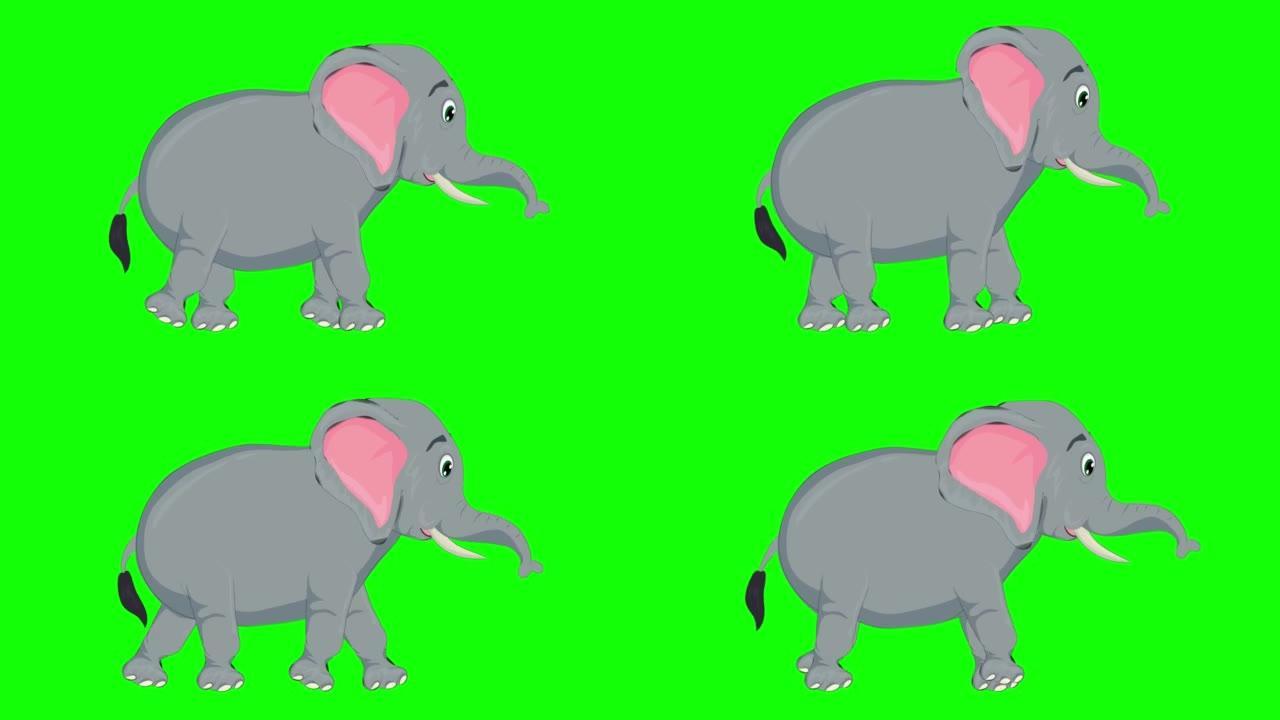 在绿屏上运行可爱又累的大象卡通动画。动物，野生动物，游戏，返校，3d动画，电影，有机，色键，人物动画