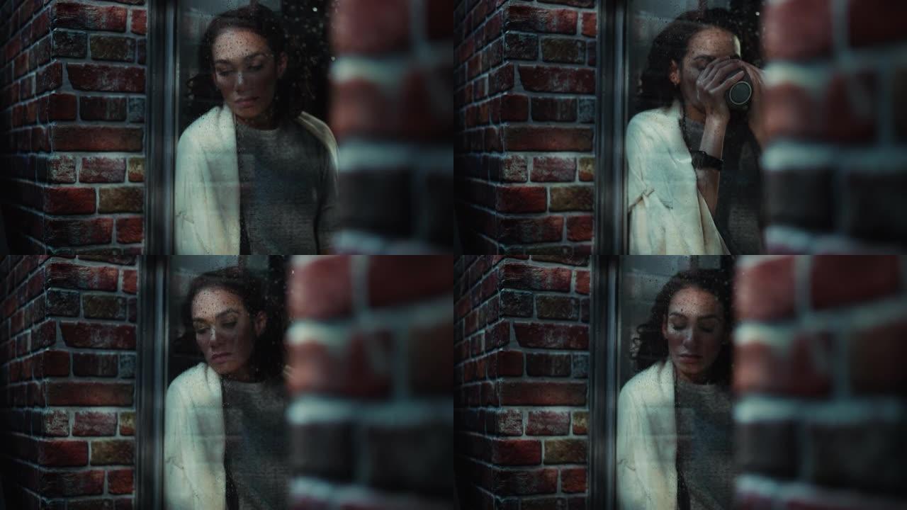悲伤的女人心情忧郁，感到沮丧。绝望的拉丁女性坐在窗台上，在雨中的街道上看着窗外。孤独概念。公寓窗户内