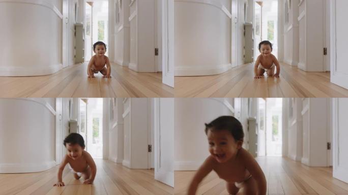 快乐的女婴爬在地板上蹒跚学步的孩子探索家庭好奇的婴儿享受童年的乐趣