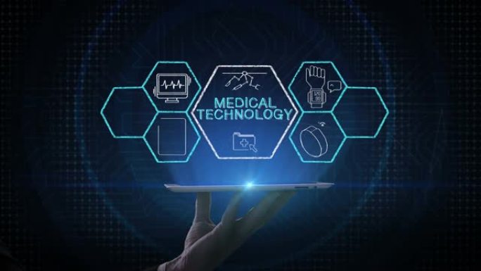提升智能平板电脑。六角形、4k动画中的 “医疗技术” 和各种未来医疗技术图标。