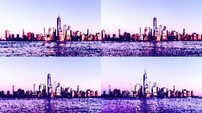 T/L像素艺术大都市，曼哈顿市中心天际线的鸟瞰图