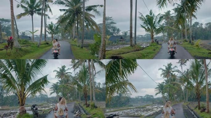旅行夫妇骑踏板车在热带岛屿上，鸭子在道路上行走，在晨雾中骑摩托车探索美丽的旅行目的地