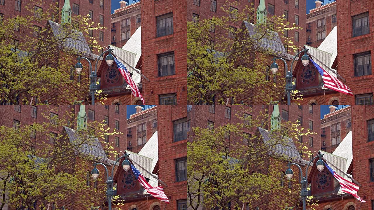 美国国旗。天际线。复古建筑。曼哈顿