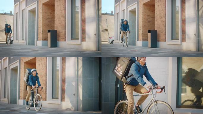 快乐的送餐男子在自行车上穿着保暖背包，向一位美丽的女性顾客提供披萨订单。Courier在现代城市地区