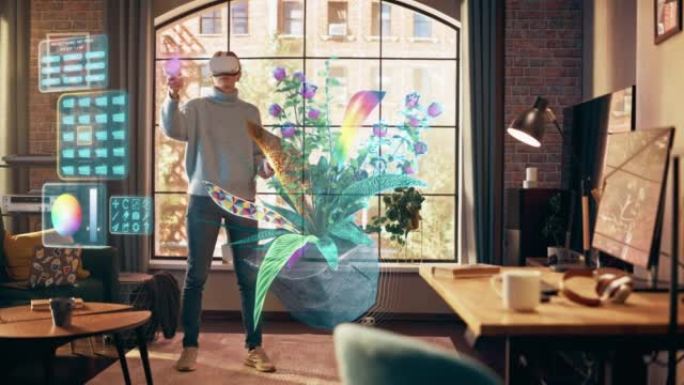 数字艺术家使用虚拟现实设计软件在家中创建3D艺术品: 设计时尚的室内植物艺术品。使用VR耳机和控制器