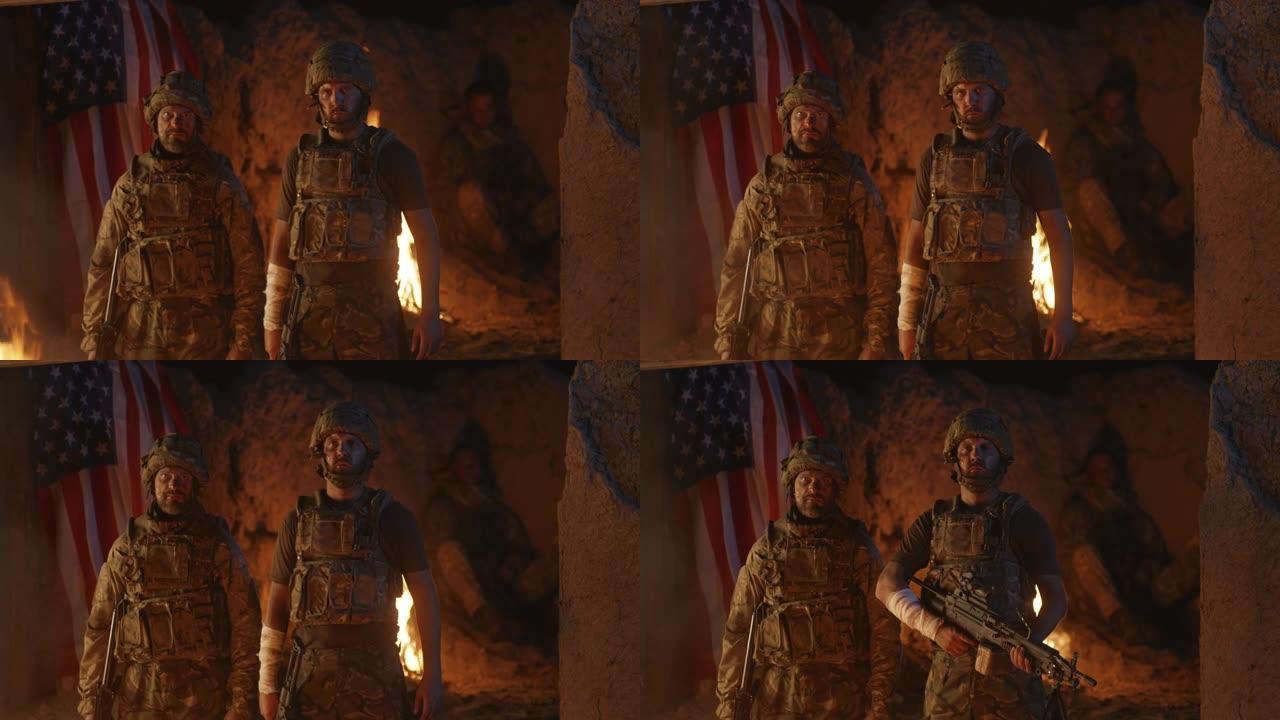 美国士兵站在火和旗帜旁边