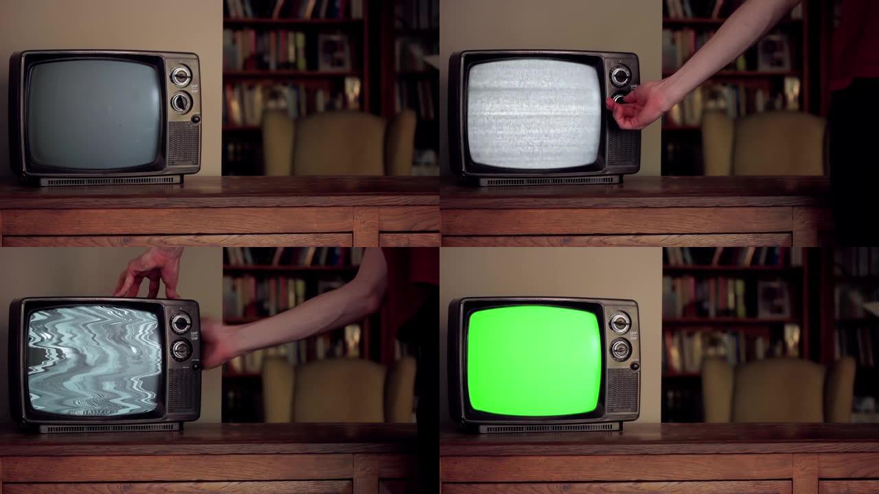 男人用绿屏打旧电视。特写。4k分辨率。
