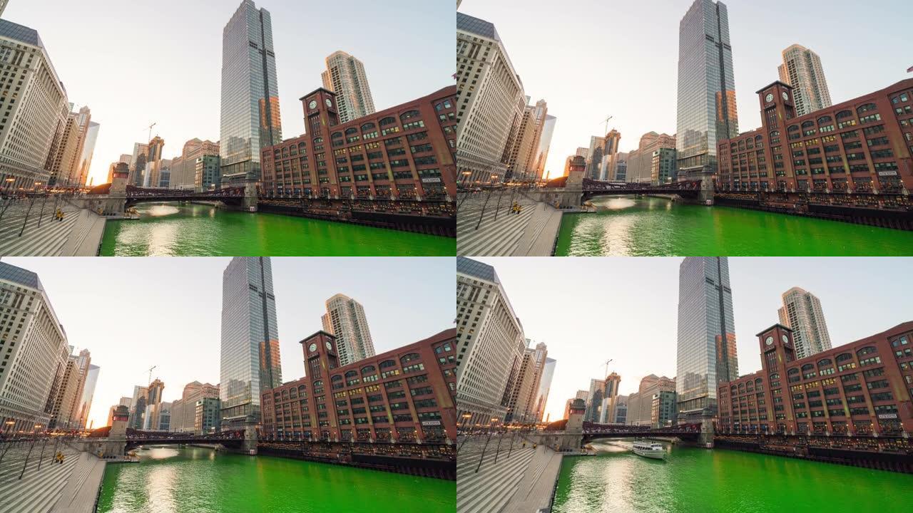 美国伊利诺伊州圣帕特里克节芝加哥河染绿的时间流逝
