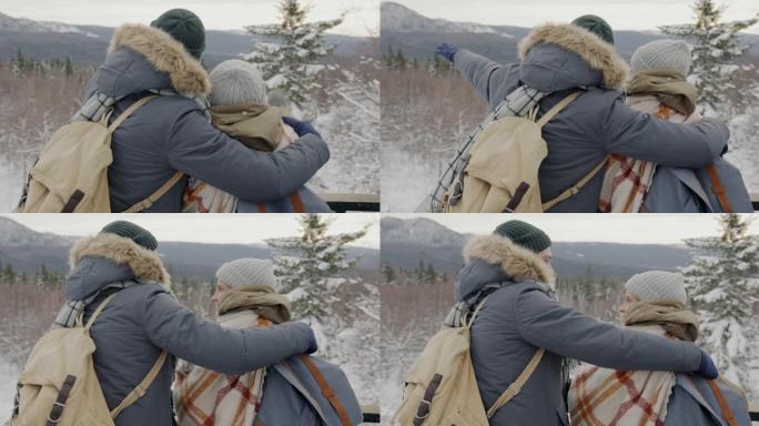 幸福的年轻夫妇享受着美丽的景色，指着冬天的山脉聊天