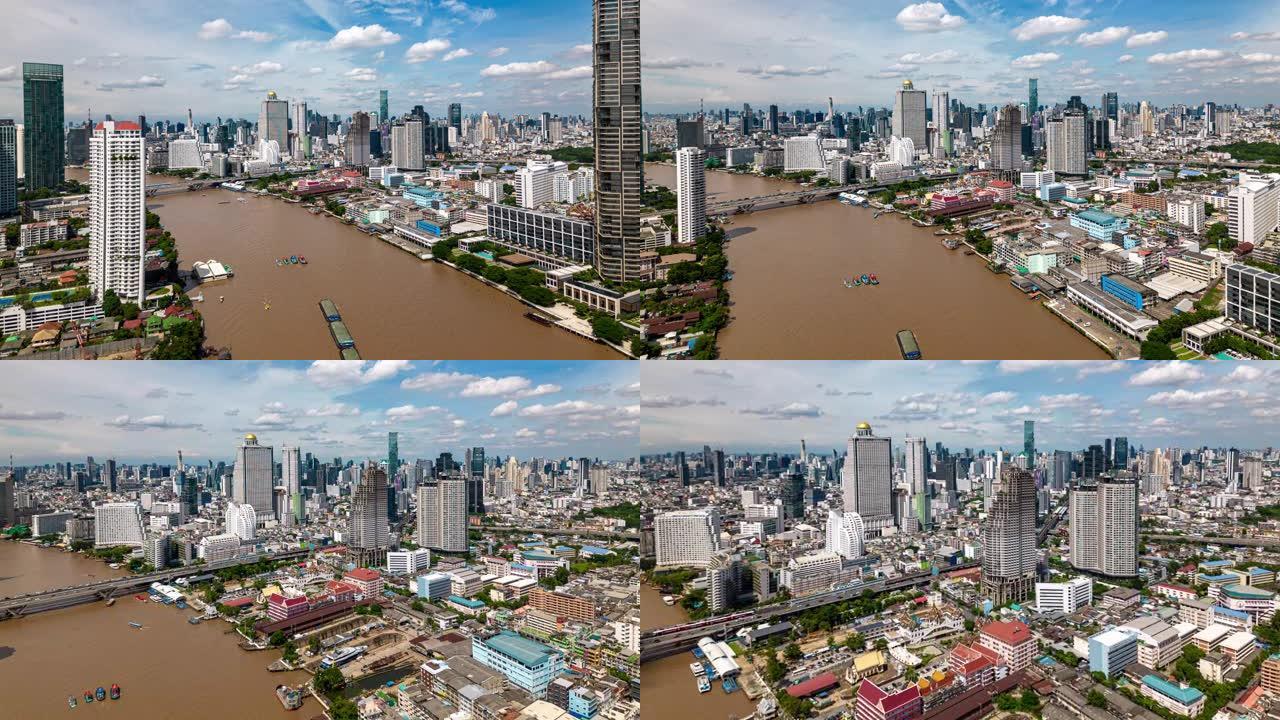 鸟瞰图曼谷城市景观和曼谷市中心区Chao Praya河上的摩天大楼