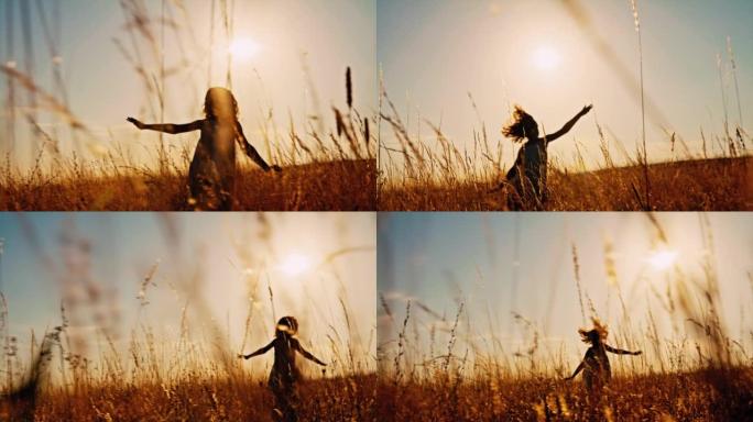 黄昏时，一个小女孩的SLO MO剪影在高高的羊茅草地上奔跑