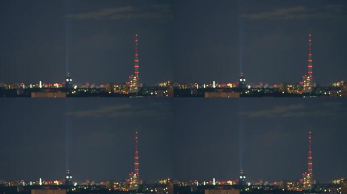夜市景观背景上的巨大塔楼