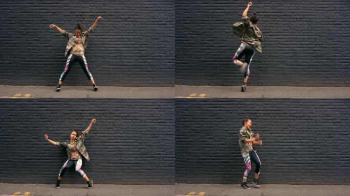 4k视频片段，一名年轻女子在城市跳舞