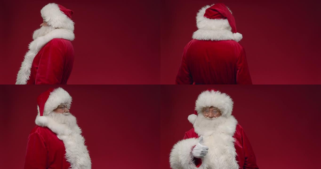 一个在红色背景上转过身来的圣诞老人，在视频的结尾显示了竖起大拇指，右边是复制空间，