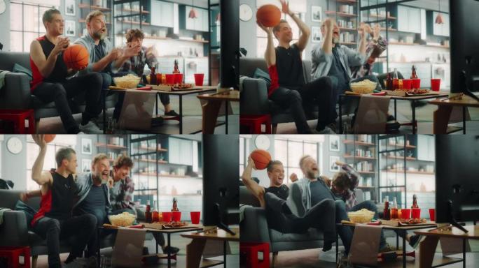 在家里，三个快乐的篮球迷坐在电视上的沙发上观看比赛，庆祝得分和他们的运动队冠军胜利。当最喜欢的俱乐部