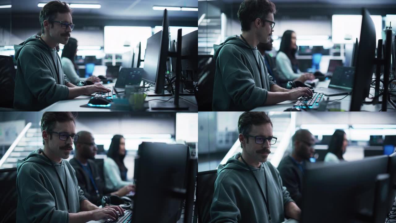 在技术办公环境中，一位周到的工程师在台式计算机上工作的肖像。研发部门为高级神经网络项目编写软件代码