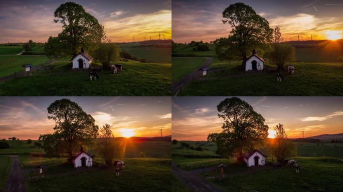 田园诗般的农田景观上的日落-空中拍摄